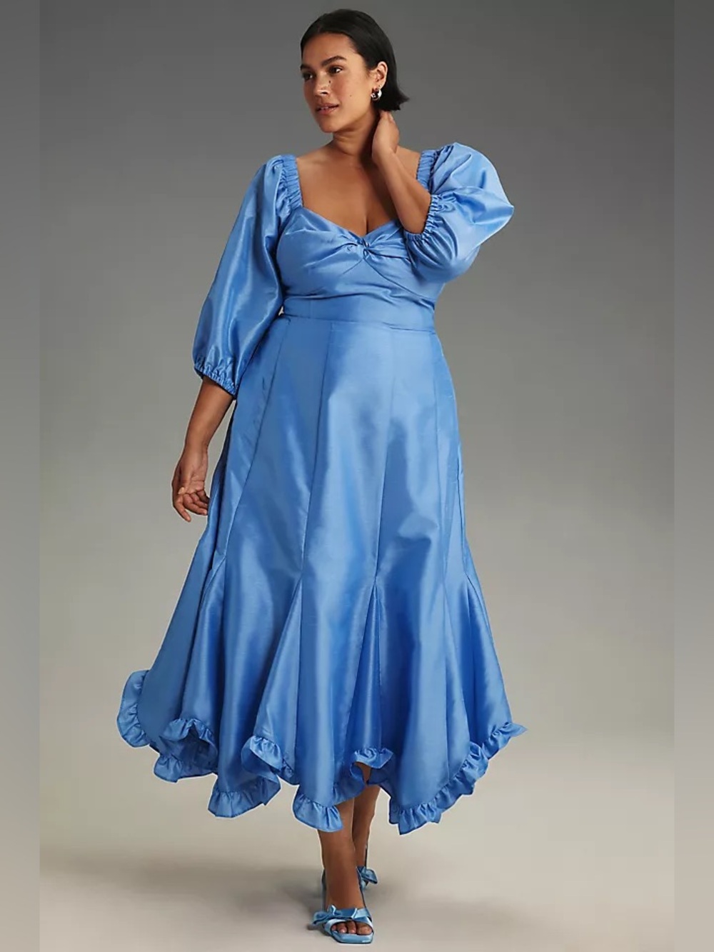 NEW Anthropologie Hutch Blue Twist-Front Puff-Sleeve Ruffle-Hem Dress Midi Flare